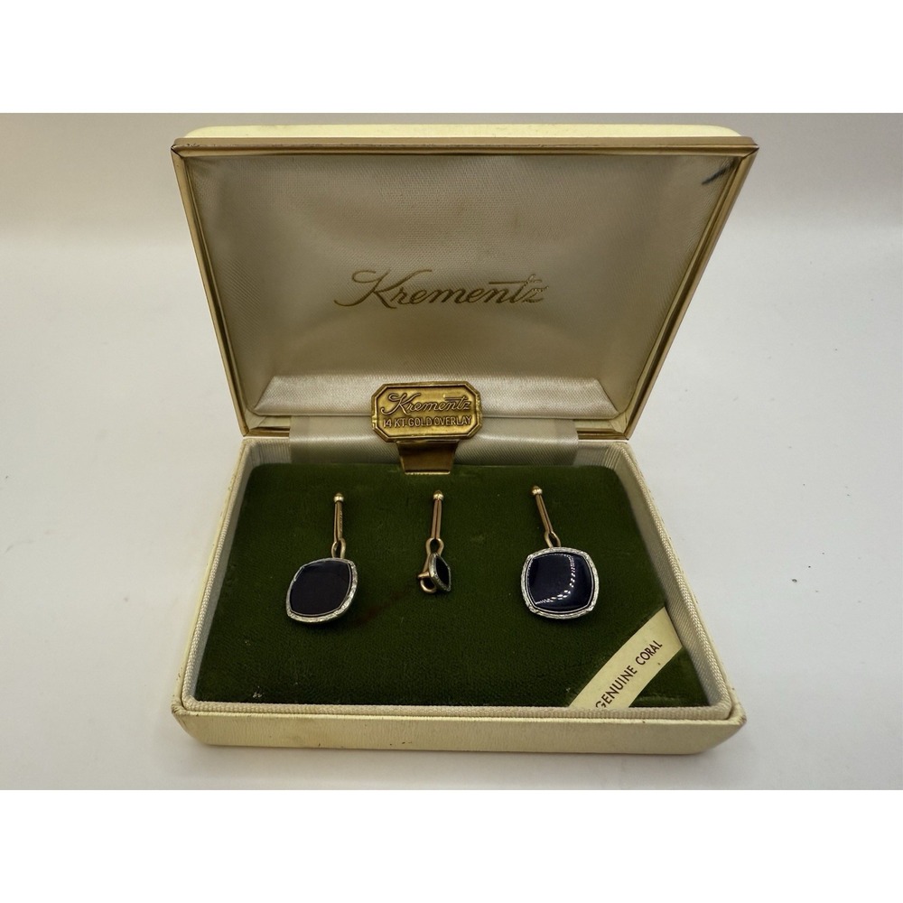 Vintage Krementz 14kt Gold Overlay Cufflinks &‎ Tie Bar w/ Box